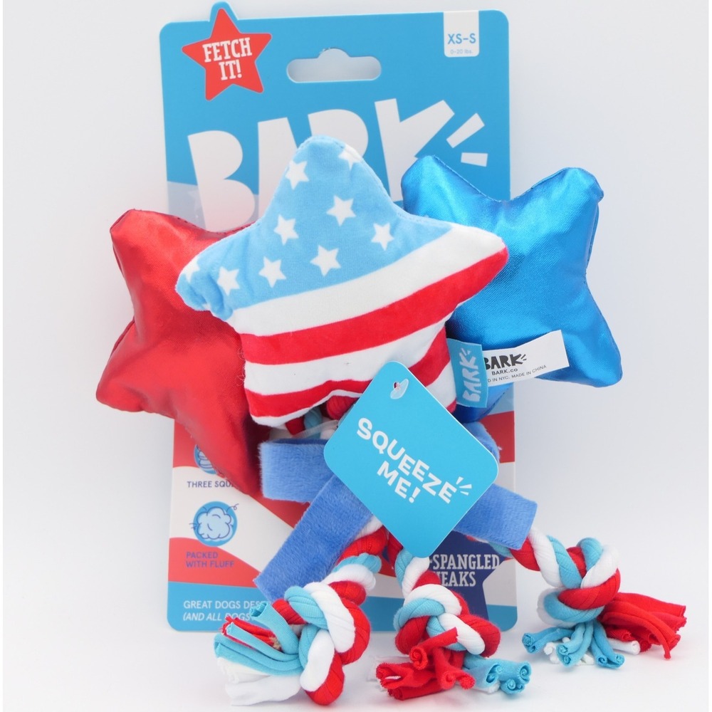 BARK Yankee Doodle Dogs Star-Spangled Squeaks Dog Toy 8" XS-S Dogs w/3 Squeakers